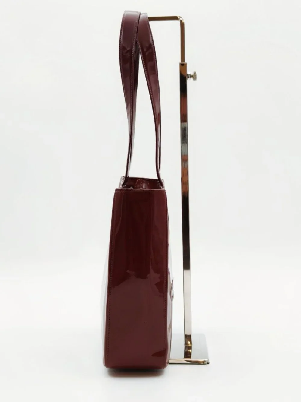 CHANEL Vintage Patent Leather Tote Bag Burgundy CC Logo Shoulder Bag Authentic